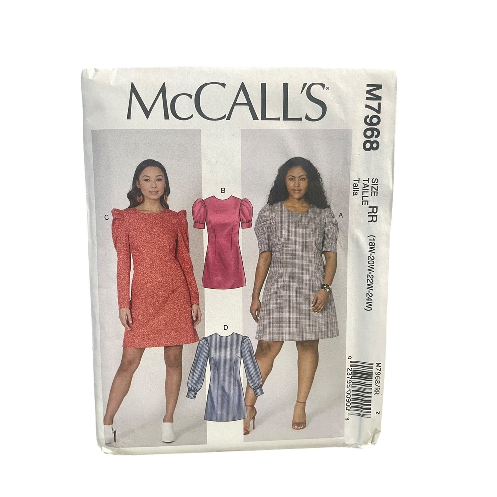 McCall's M7968 Women's Dresses Puff Sleeve Tunic Shift Plus Size 18W-24W UNCUT